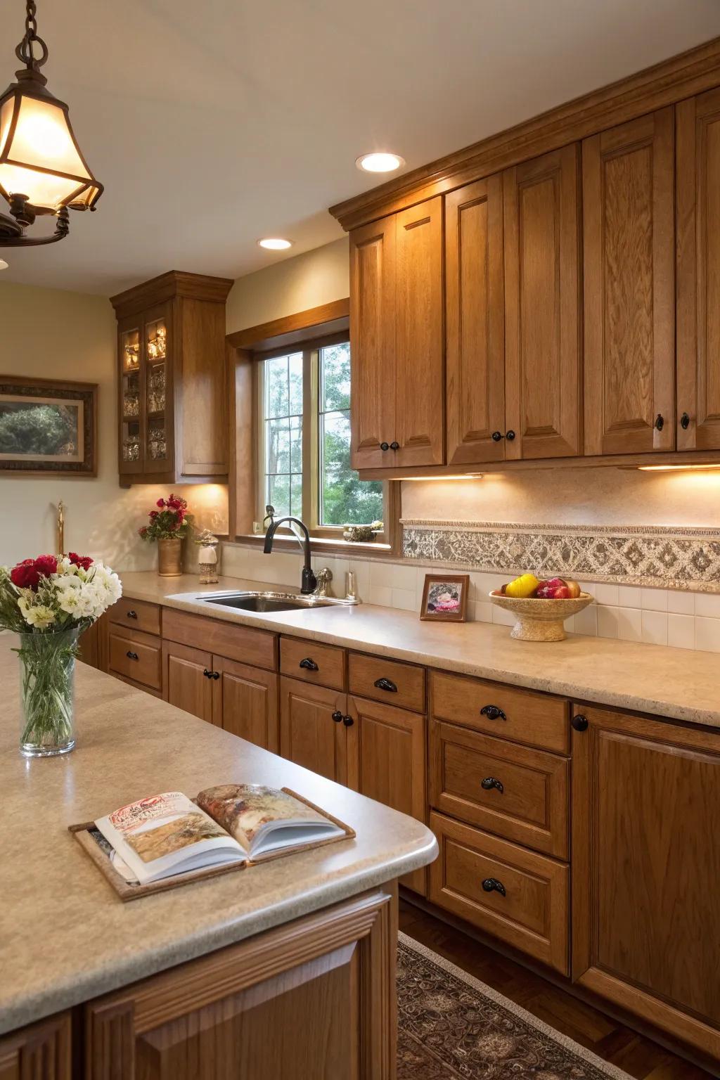Warm wood-look laminate countertops