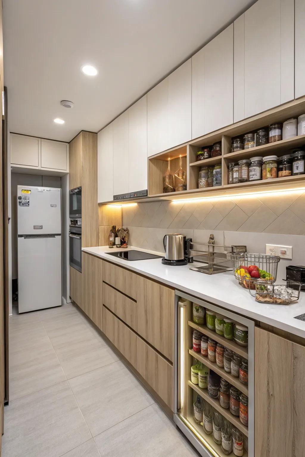 Light-colored laminates brighten compact kitchens