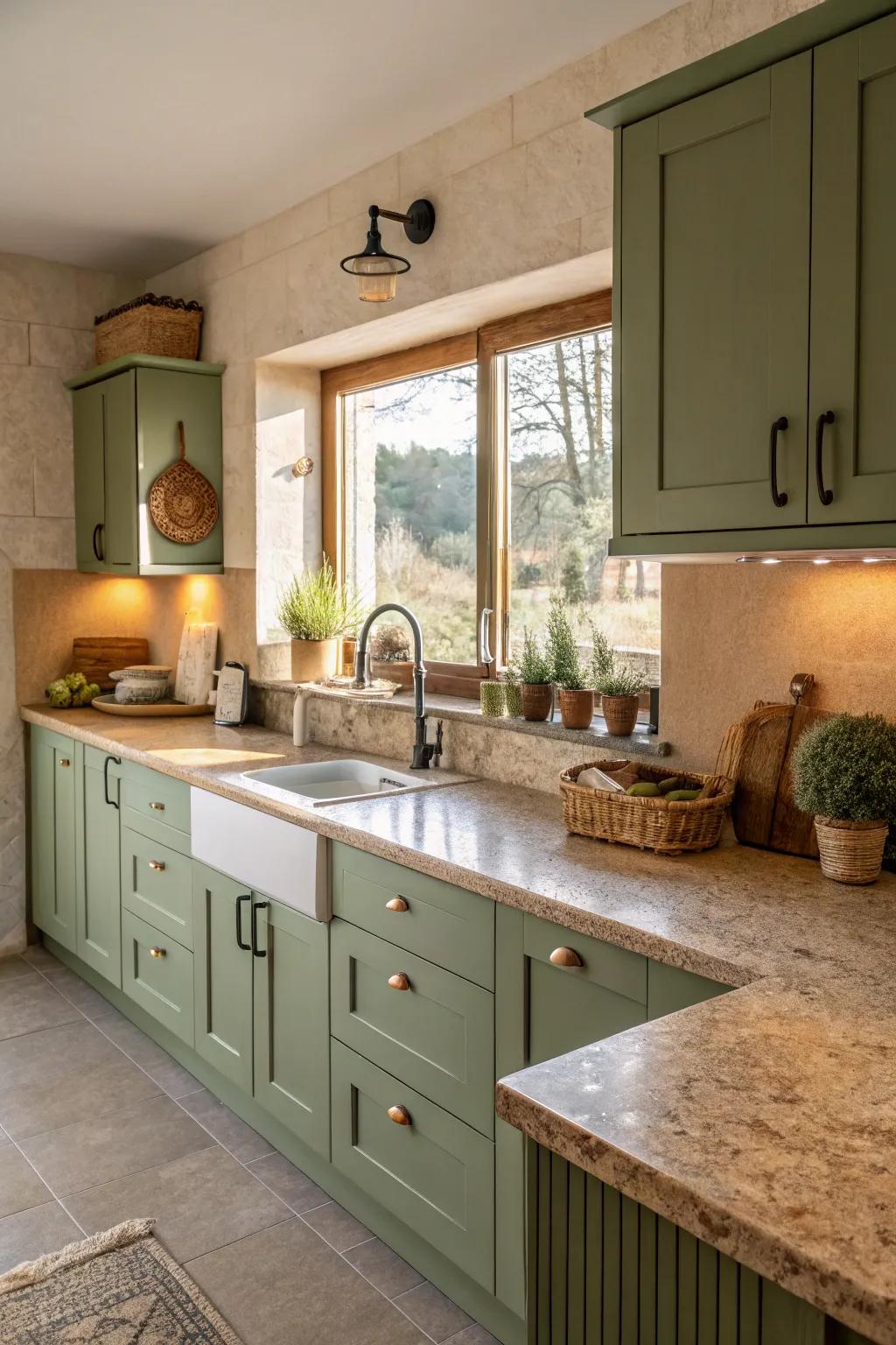 Warm earth-toned laminate countertops