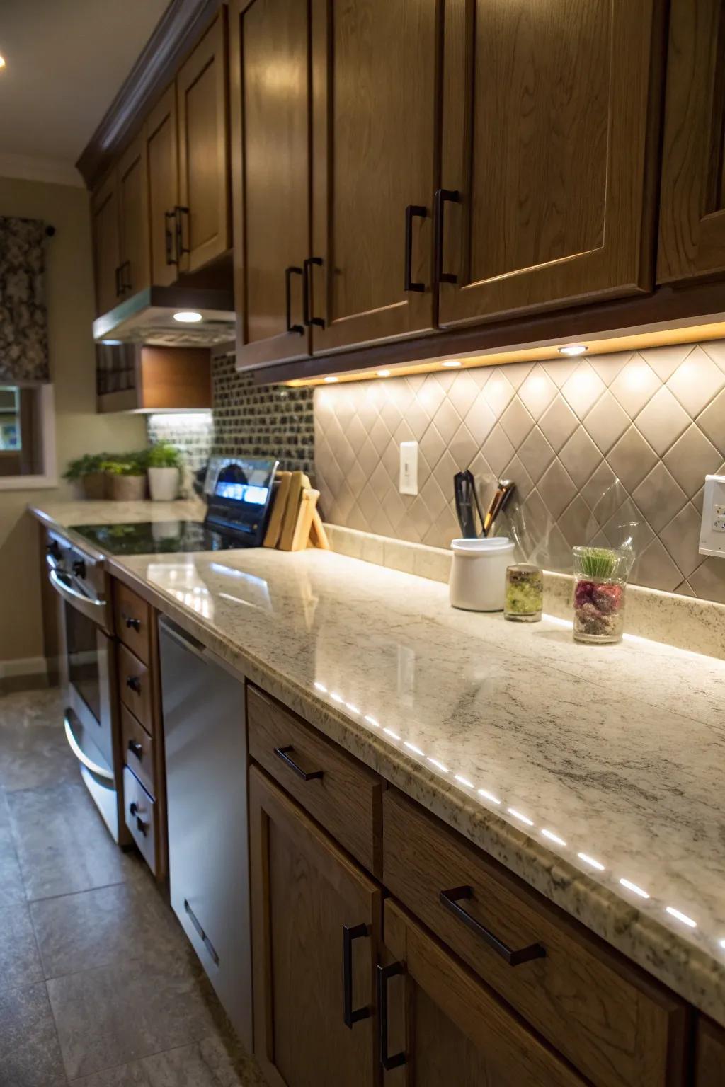 Under-cabinet lighting highlighting laminate countertops