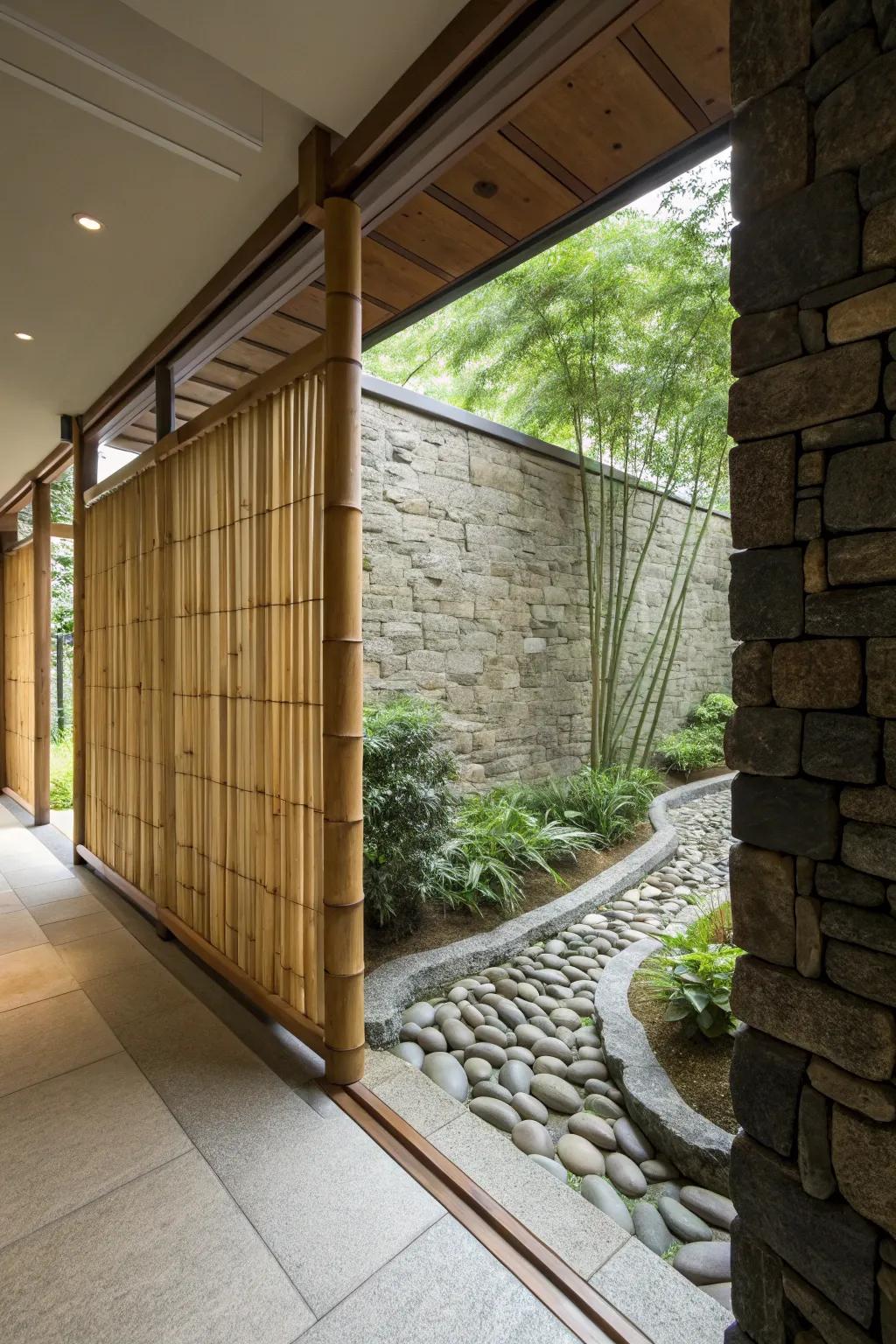 Half wall crafted from natural materials creating a peaceful, zen-inspired environment.