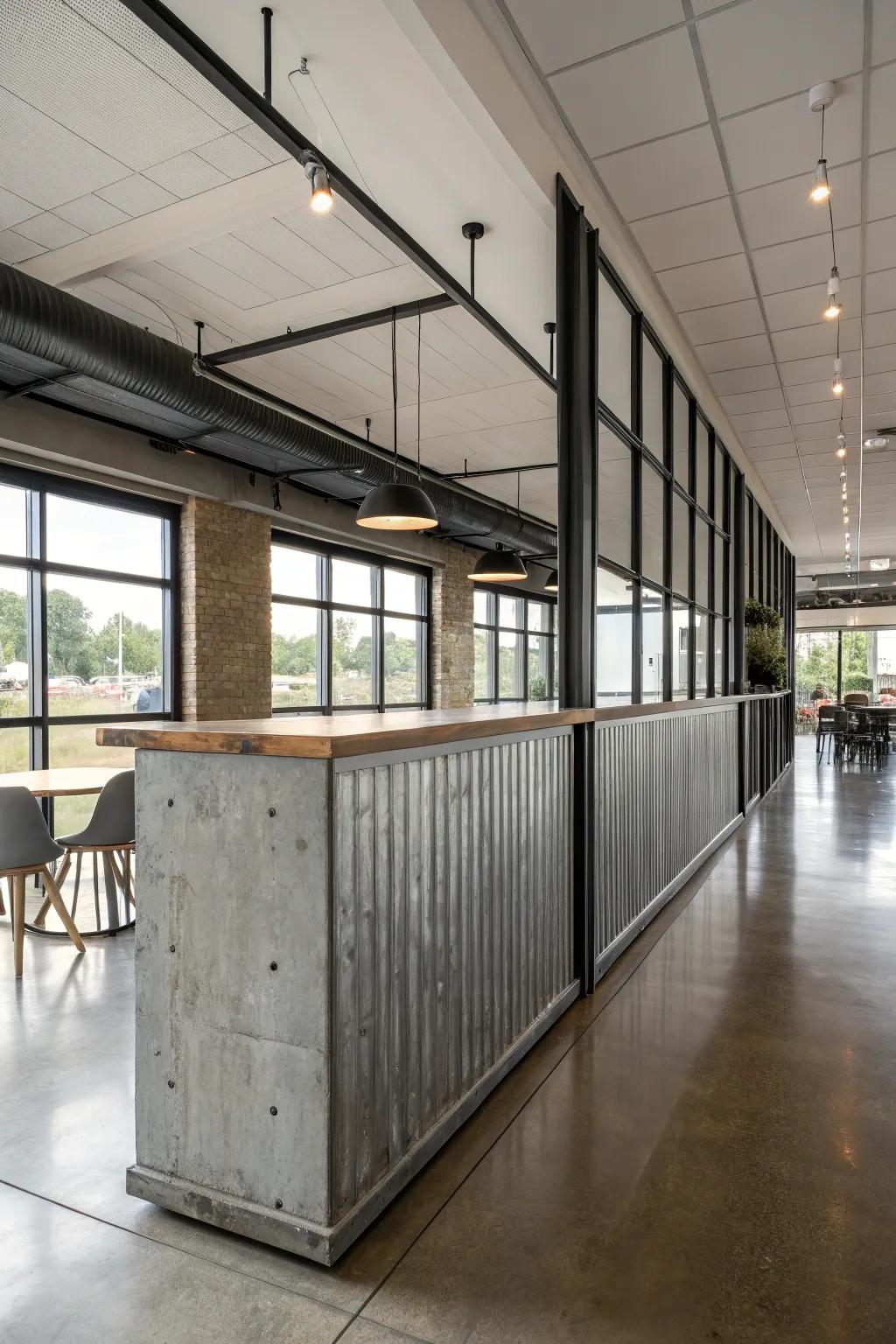 Half wall featuring industrial materials like metal and concrete for a modern edge.