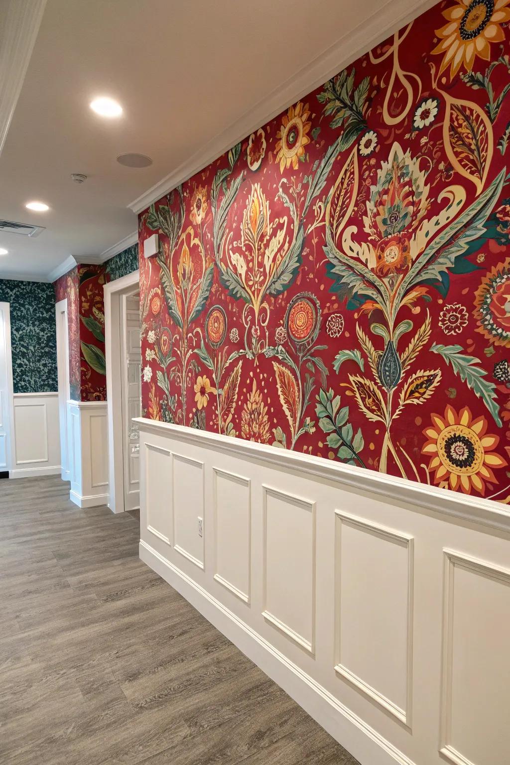 Half wall adorned with eye-catching wallpaper to add personality and flair.