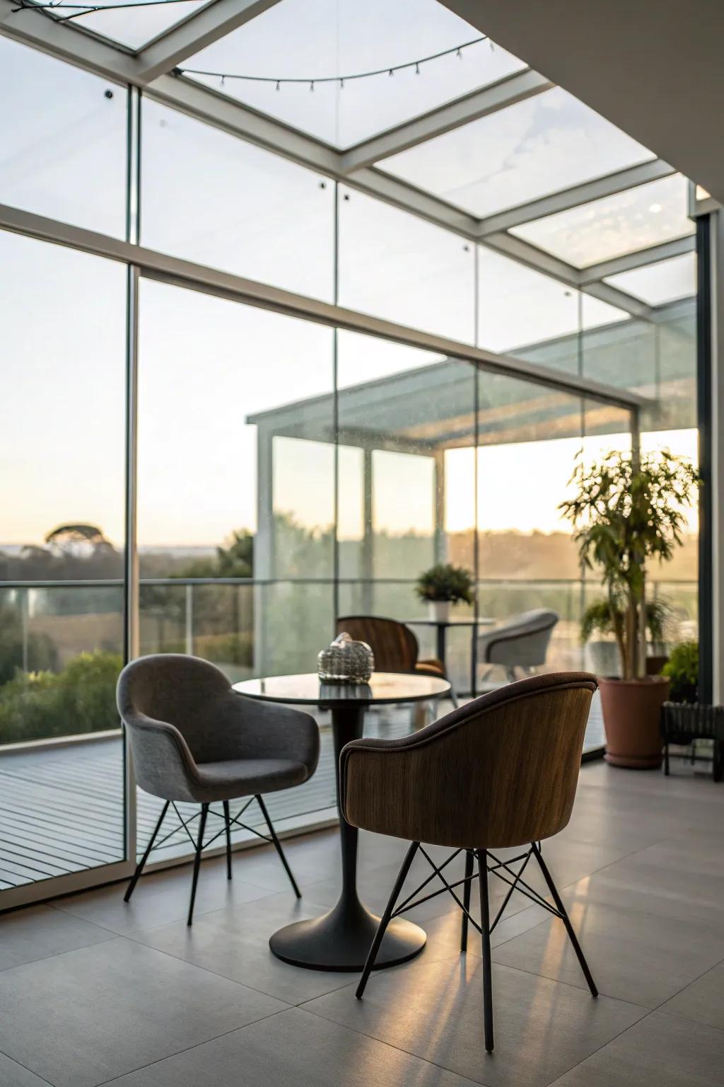 Glass-topped half wall enhancing brightness and openness in a room.
