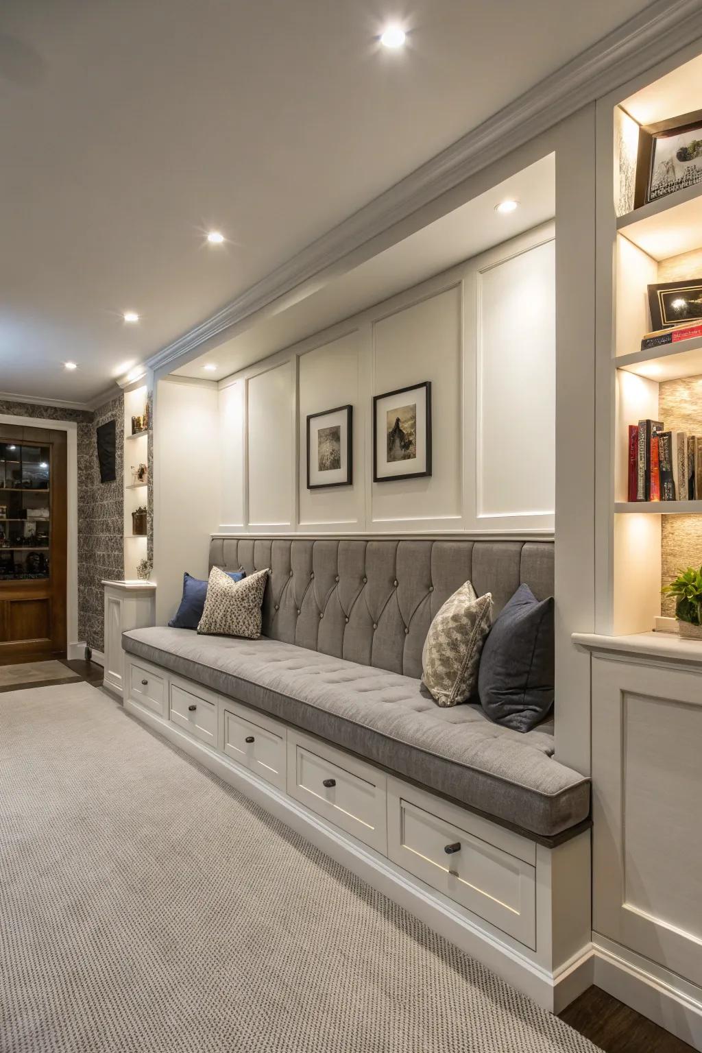 Half wall featuring built-in seating for a cozy and practical space.