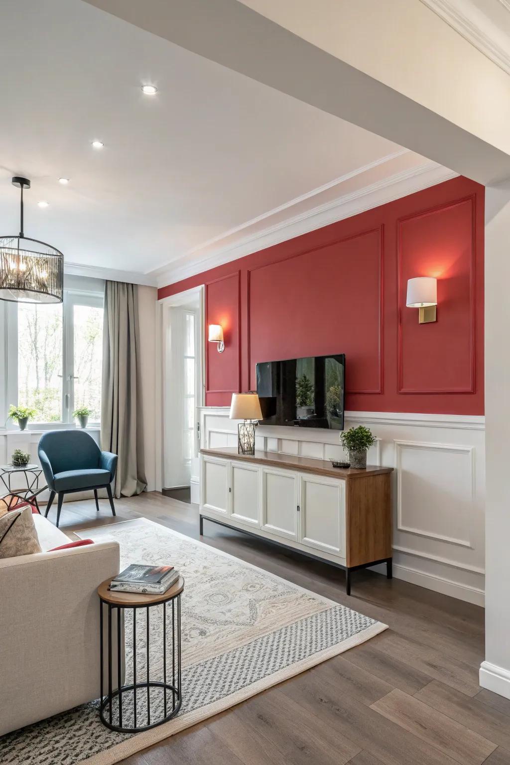 Half wall painted in vibrant colors to create a striking focal point.