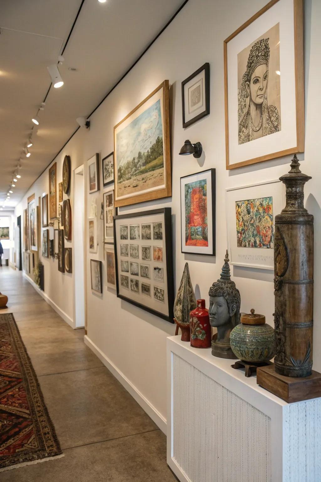 Half wall transformed into an art display showcasing eclectic pieces.