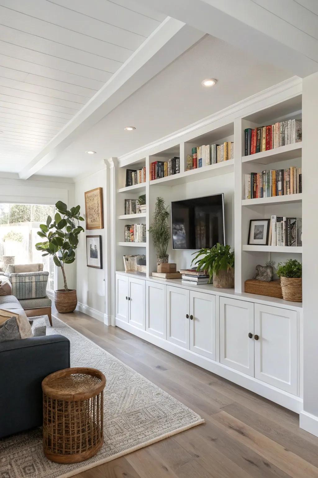 Half wall featuring built-in shelving for stylish storage solutions.