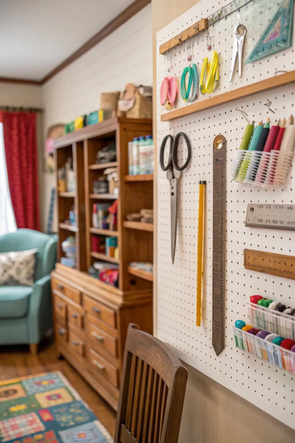 Wall hooks provide an efficient way to organize frequently used crafting tools.