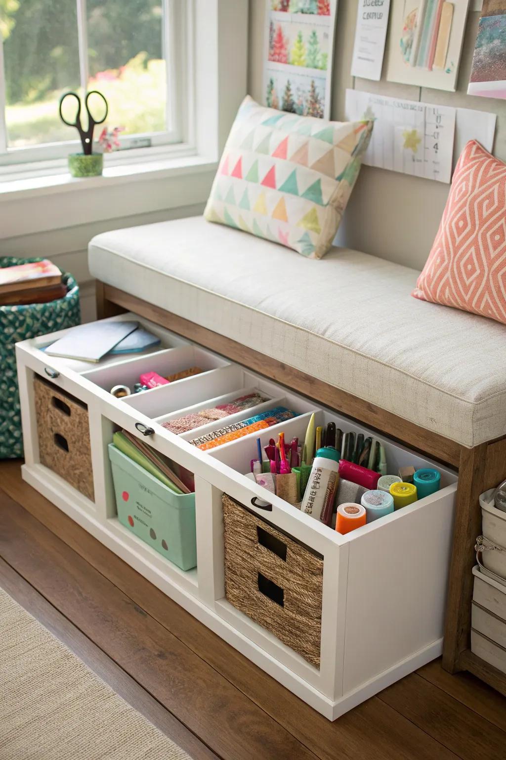 Multipurpose furniture enhances functionality in compact craft rooms.