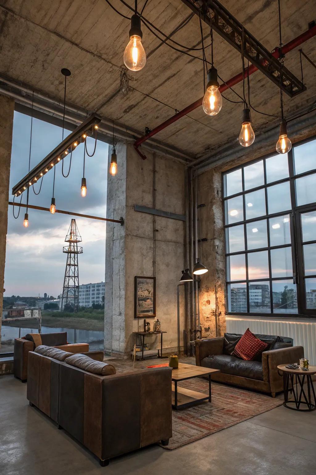 Create an industrial loft vibe with cable lighting in your living room.