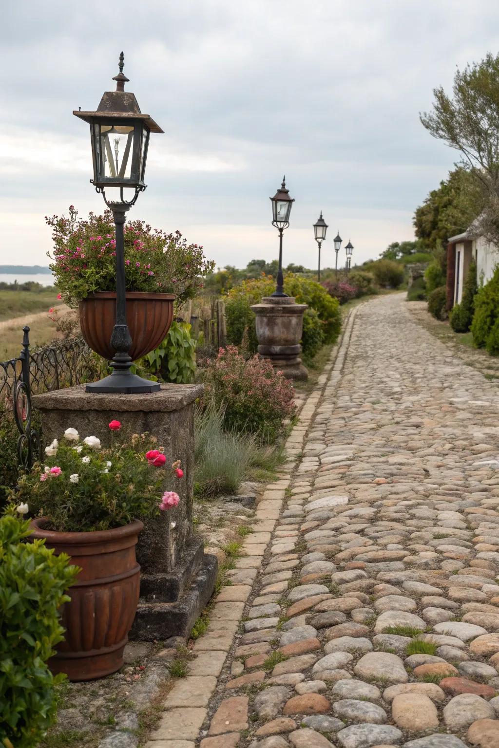 Cobblestone pavers evoke a sense of history and rustic charm.
