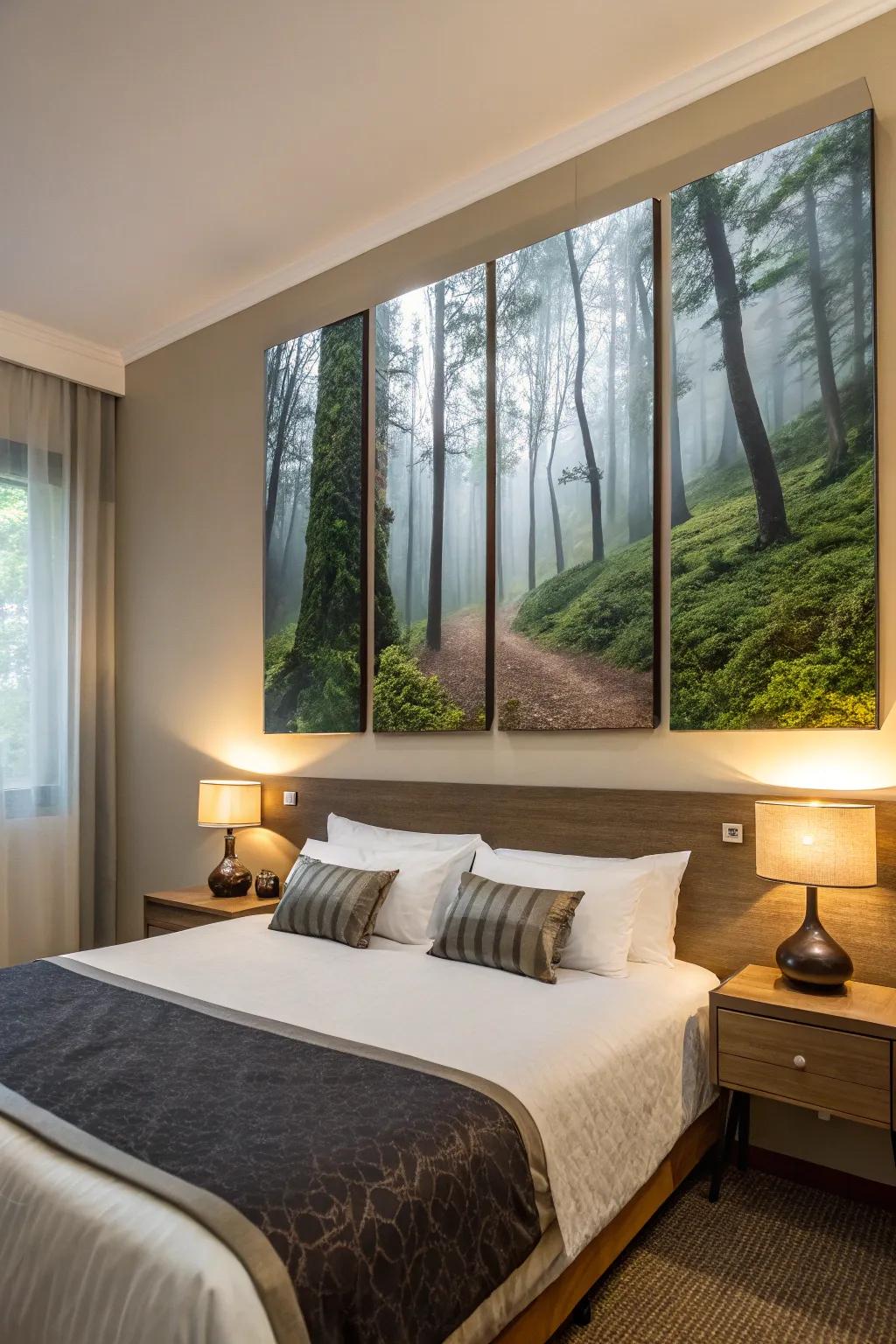 Magical forest scenes spread across multiple canvases, inspiring imagination in the guest room.