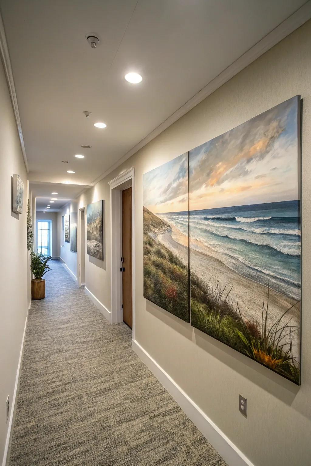 A peaceful coastal panorama spanning multiple canvases, creating a continuous view in the hallway.