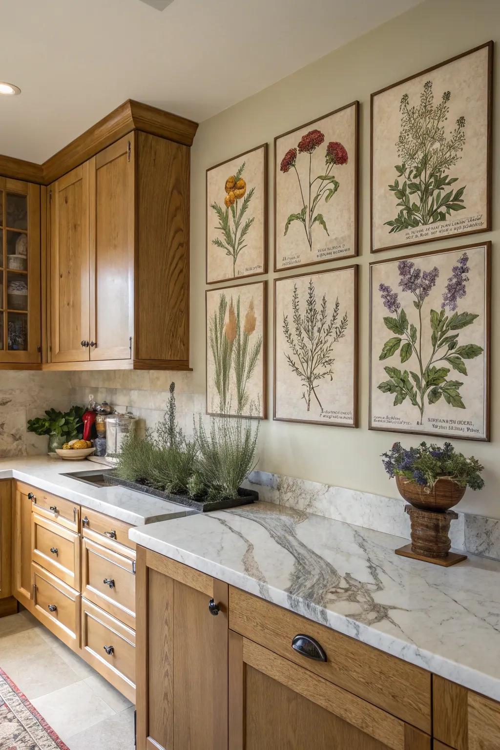Fresh botanical herb paintings divided across multiple canvases, bringing greenery into the kitchen.