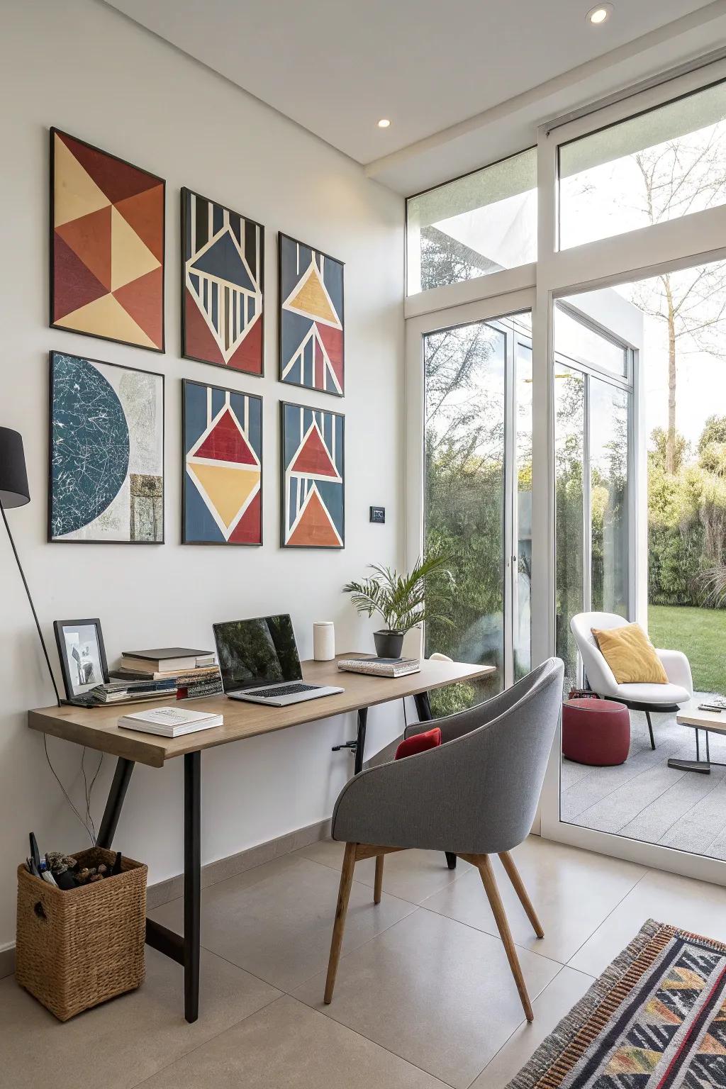 Striking geometric multi-canvas artwork energizing a contemporary office space.