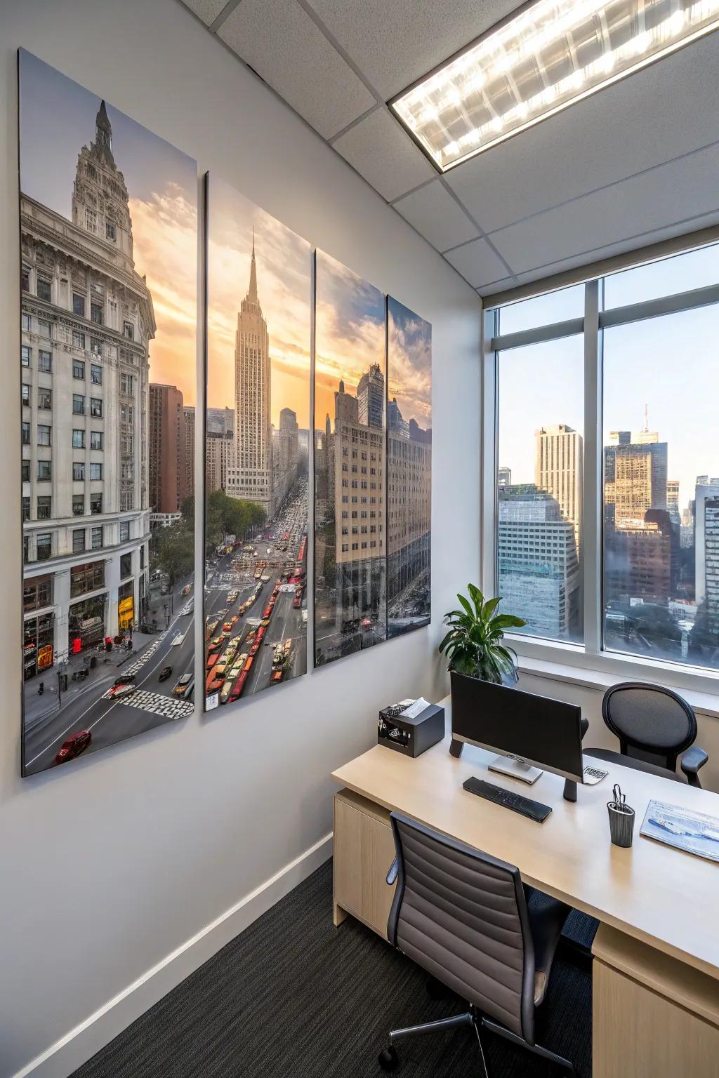 Cityscape painting across multiple canvases, inspiring creativity in an office setting.