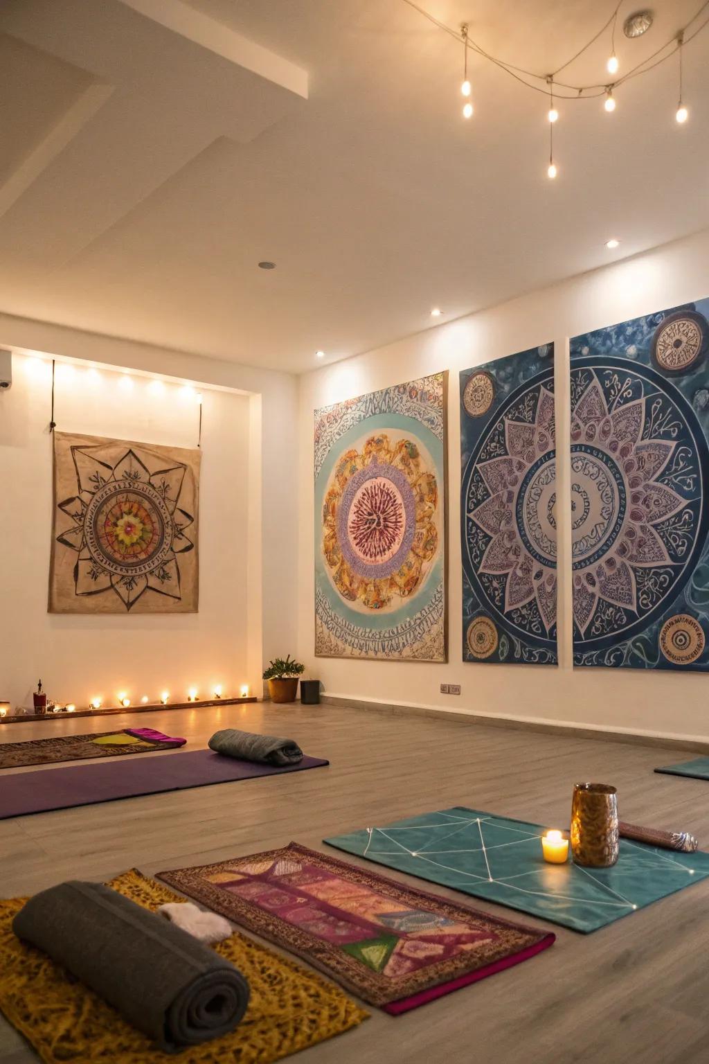 Serene mandala designs across multiple canvases, creating a peaceful yoga room atmosphere.