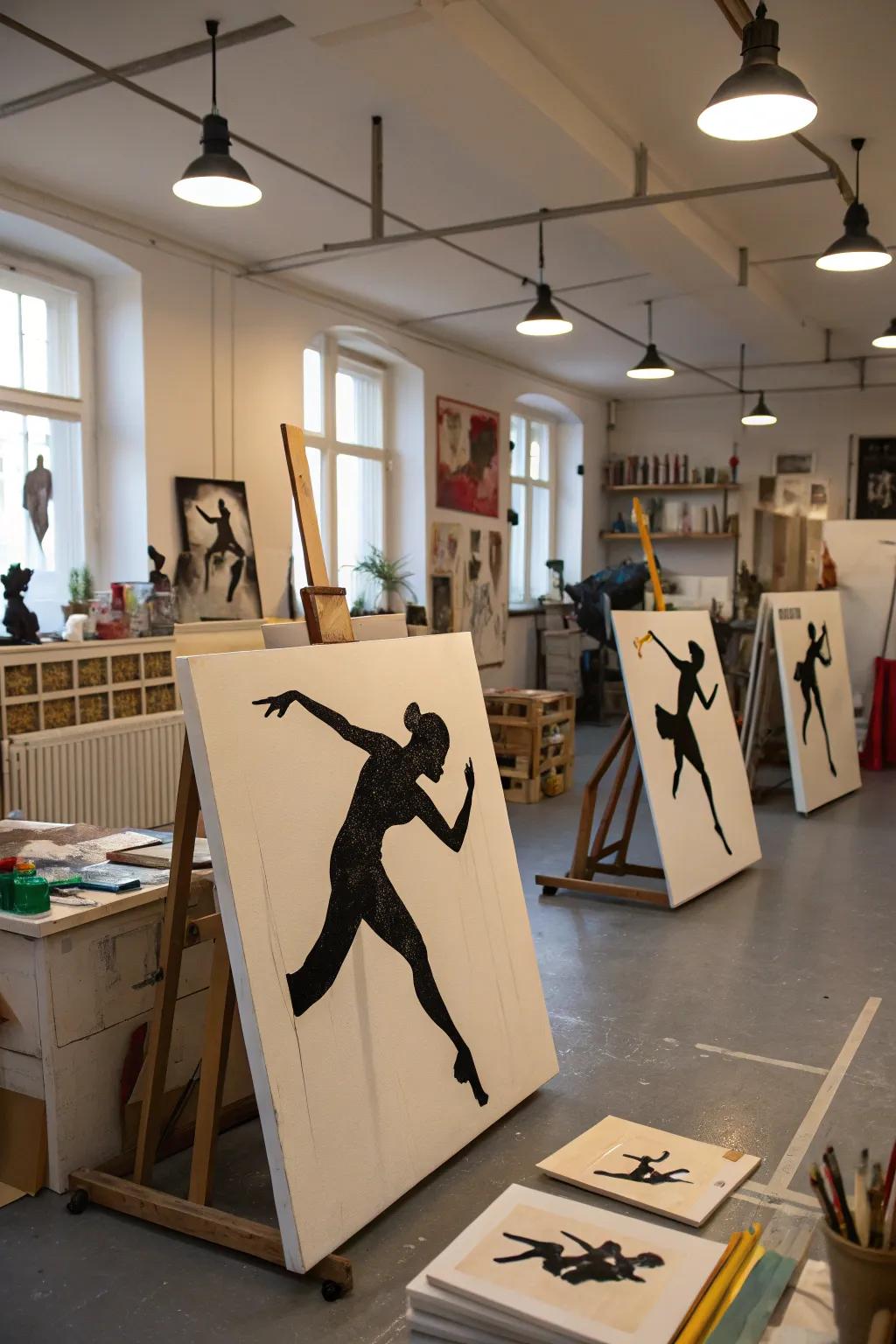 Silhouetted figures in motion across multiple canvases, adding dynamic energy to a studio.