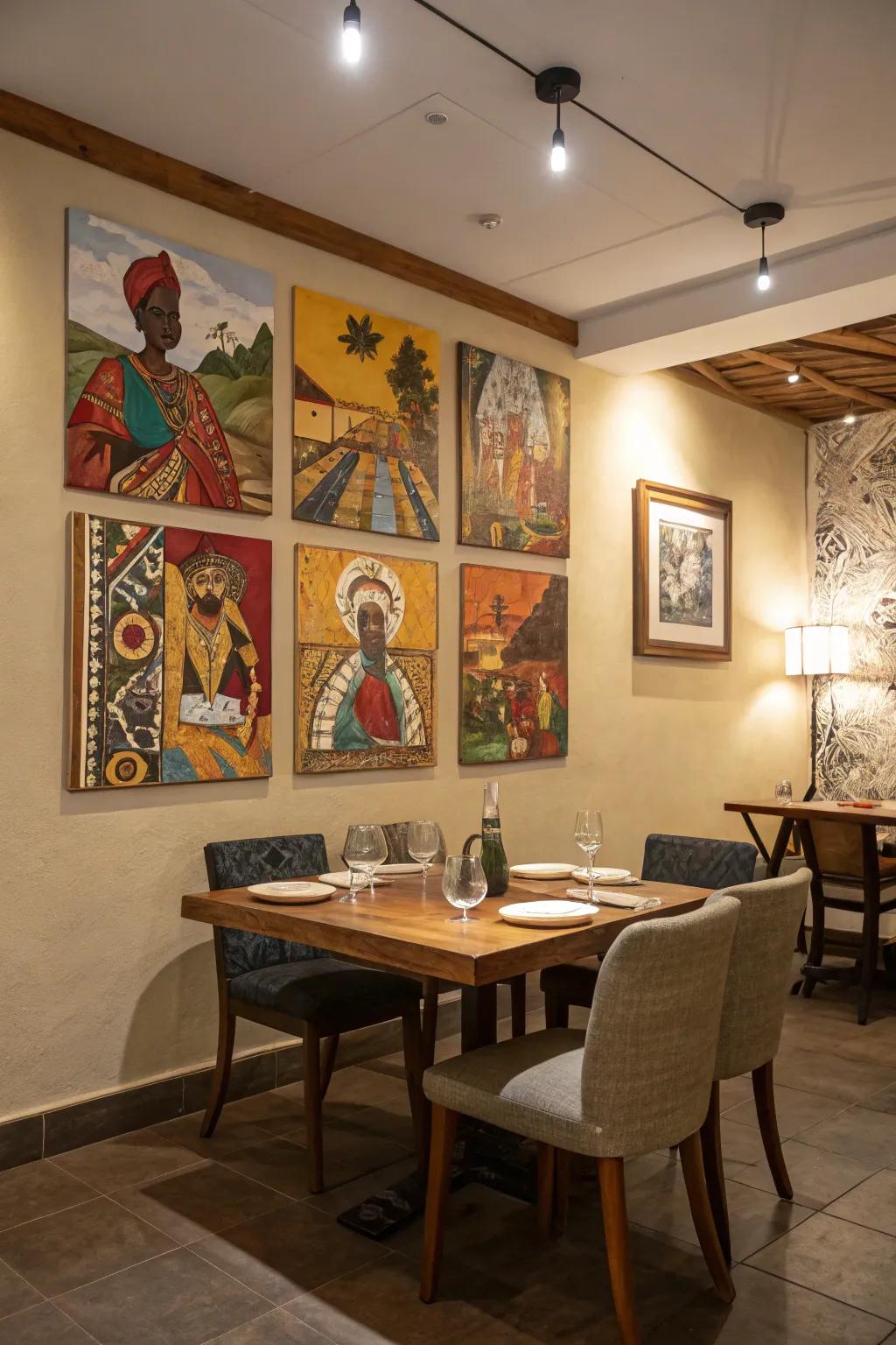 A collage of cultural motifs across multiple canvases, sparking dialogue in the dining room.