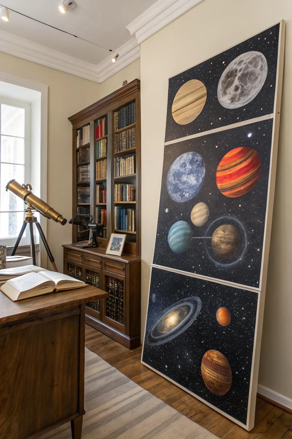 Celestial-themed multi-canvas artwork featuring stars and planets, inspiring wonder in a study.