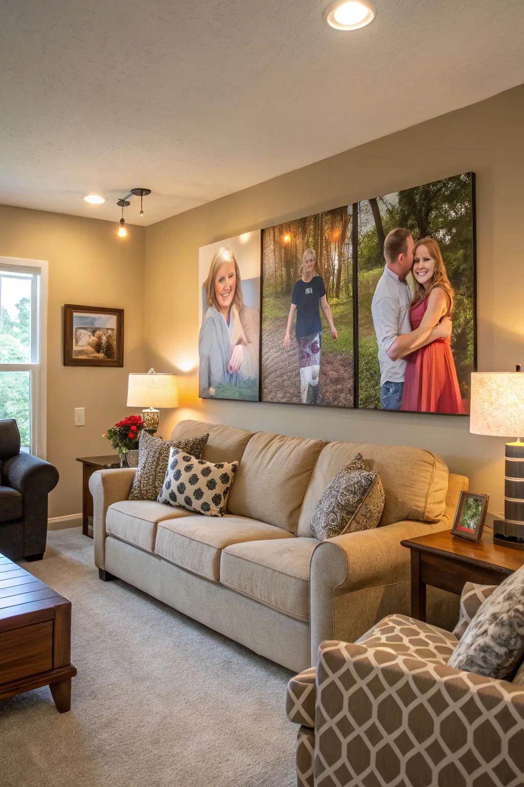 Personalized family portraits across multiple canvases, preserving treasured memories in the living room.