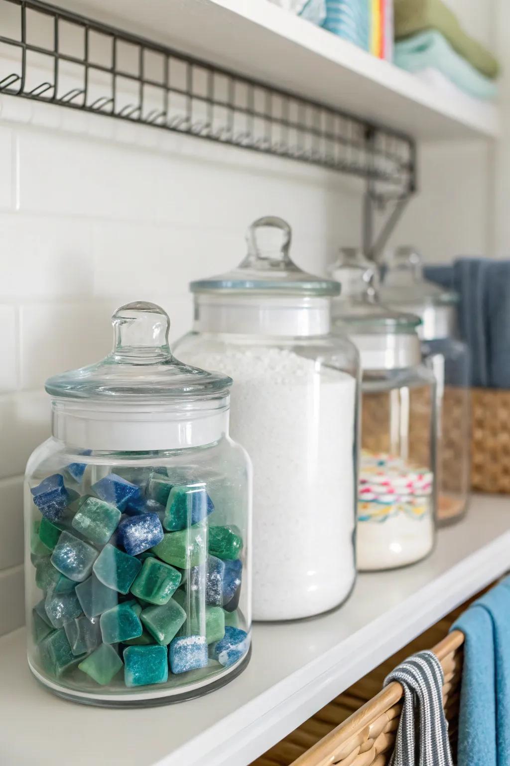 Clear glass jars stylishly store laundry detergents.