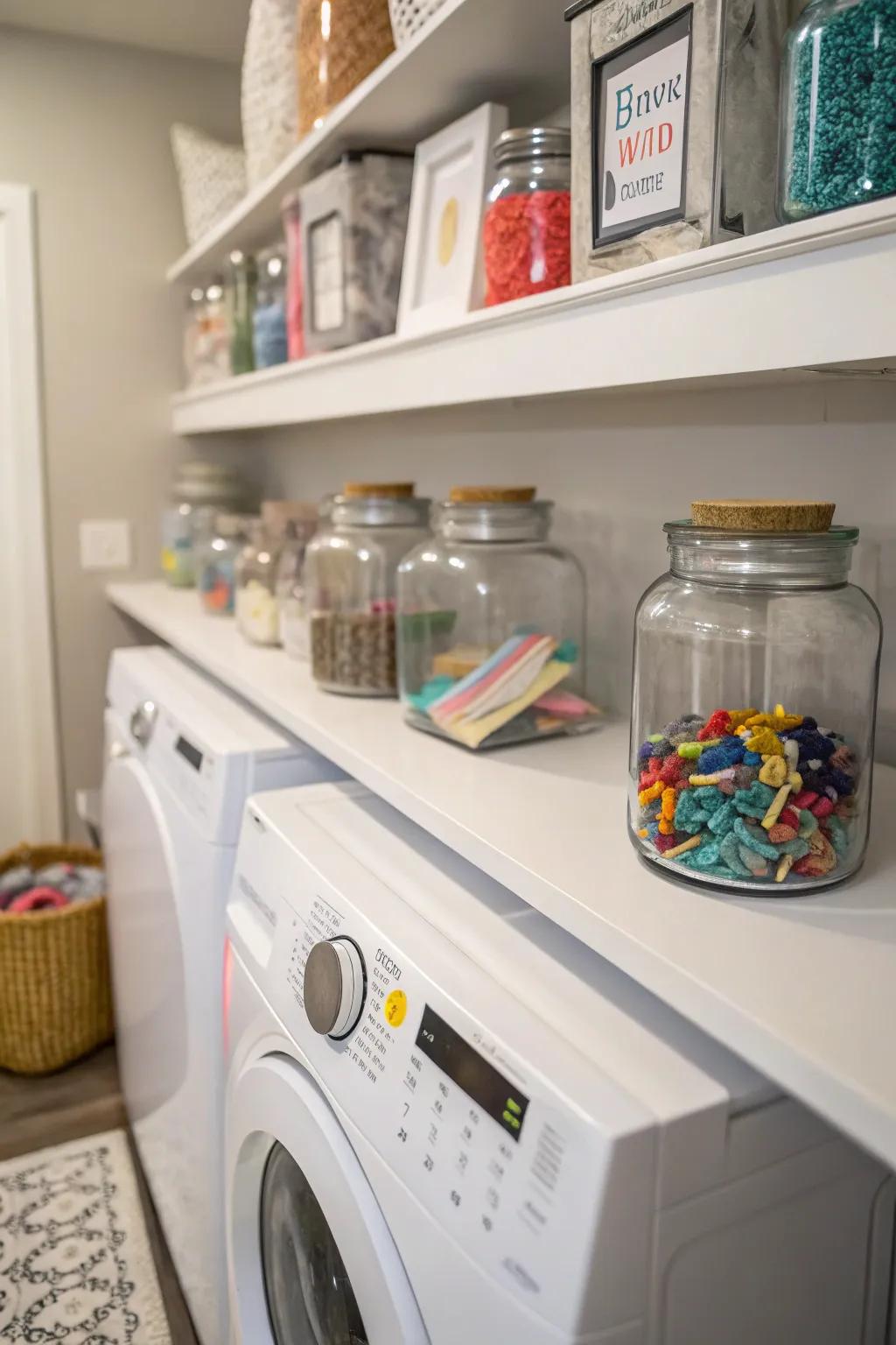 Small art pieces add character to laundry room decor.