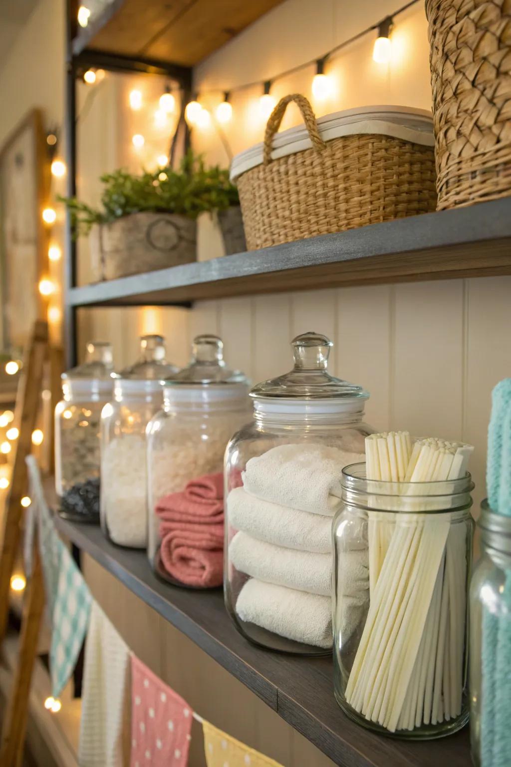 Jars can hold various laundry tools and supplies.
