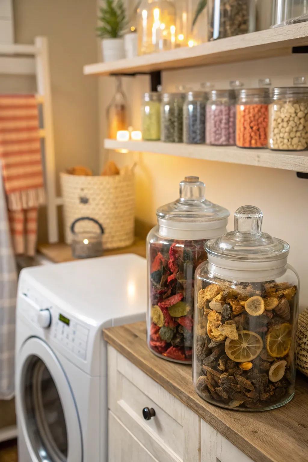 Scent jars fill laundry rooms with pleasant fragrances.