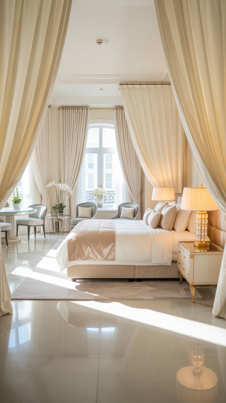 Luxurious hotel-inspired bedroom with plush bedding
