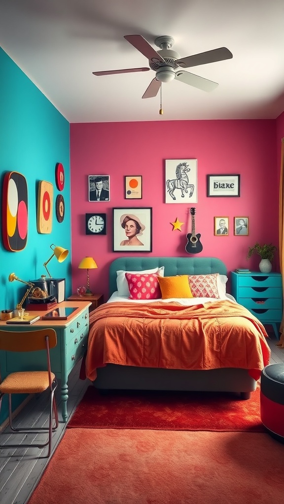 Eclectic retro bedroom with colorful decor