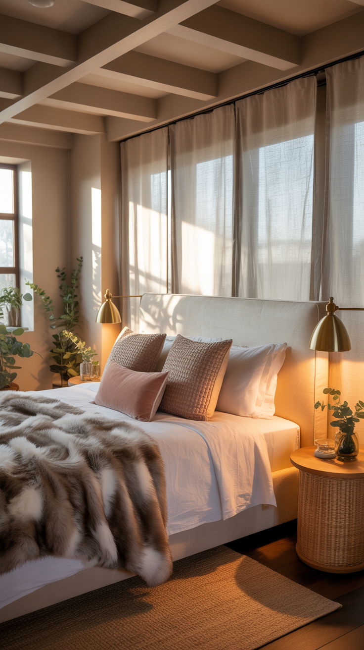 Modern earthy bedroom with natural textures