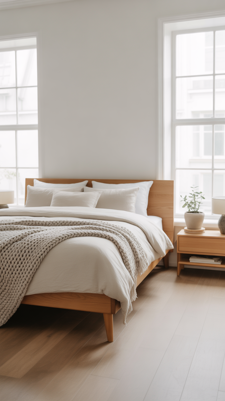 Scandinavian bedroom with neutral tones and natural light