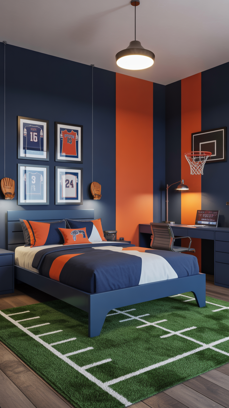 Basketball-themed bedroom with navy walls and sports decor
