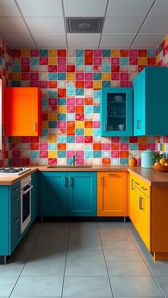 A colorful kitchen with turquoise and orange cabinets, featuring a pixelated style backsplash.
