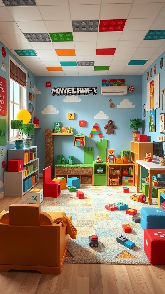 A colorful playroom inspired by Minecraft, featuring blocky furniture and playful decor.