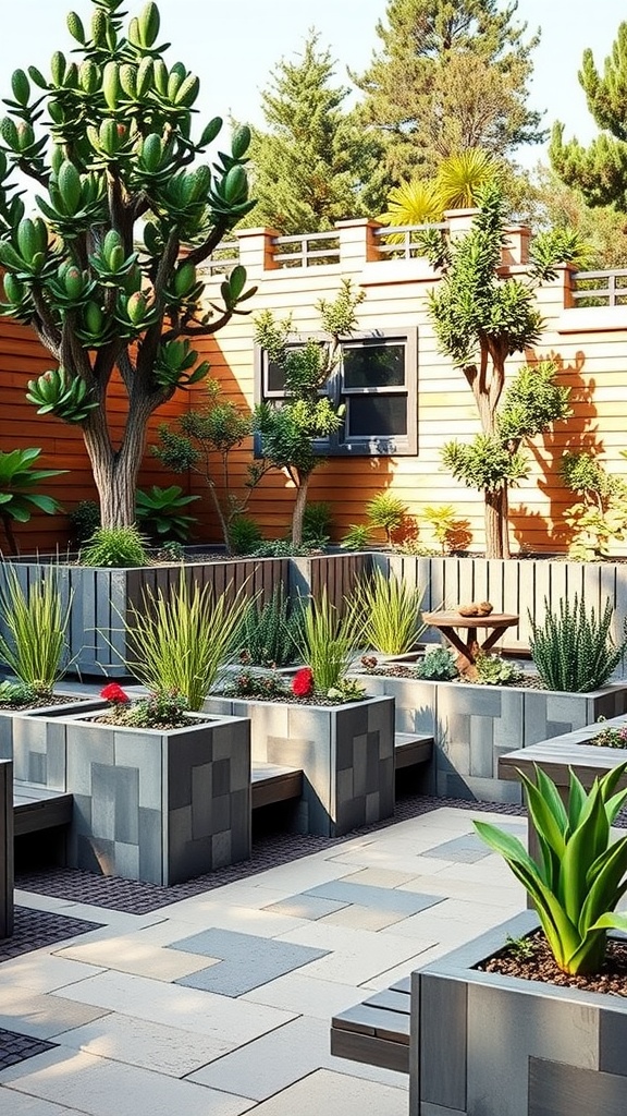 A garden area featuring geometric planters and vibrant greenery, inspired by Minecraft designs.