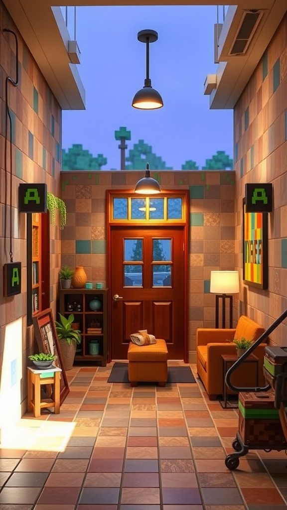 Minecraft-inspired entryway with blocky textures and cube-shaped furniture.