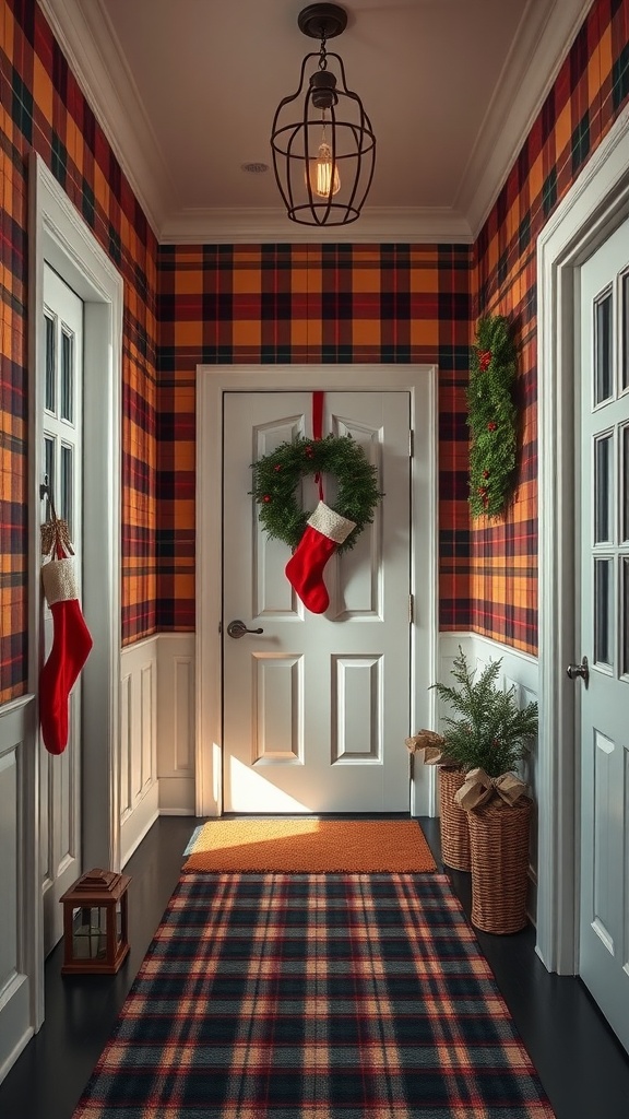 Entryway adorned with cozy plaid wallpaper and holiday decorations