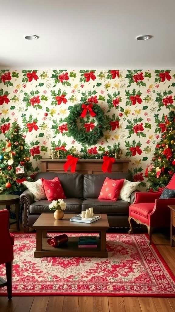 Living room with classic red and green wallpaper featuring holly and poinsettias