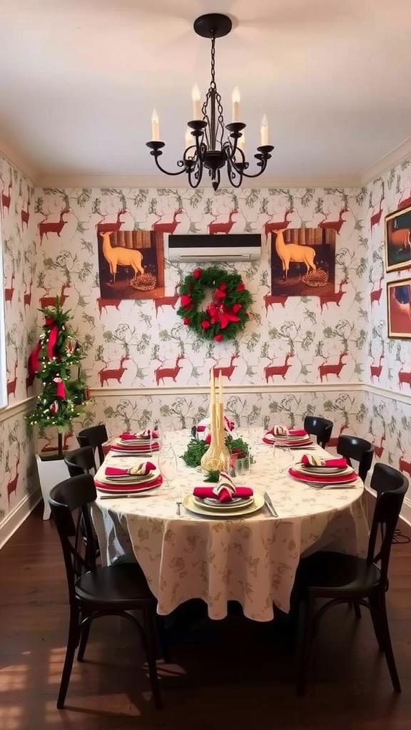 Dining area decorated with charming reindeer wallpaper