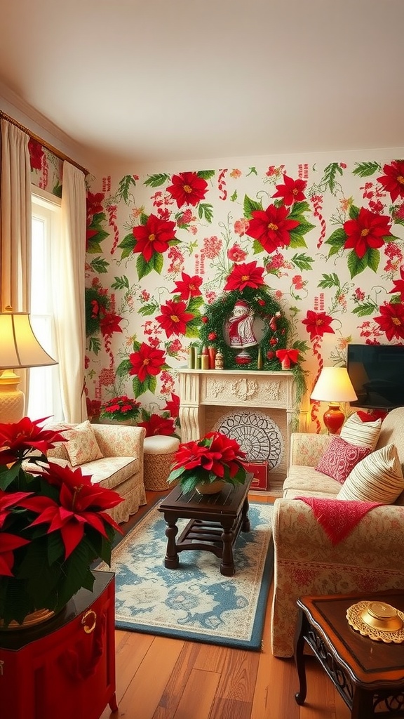 Living room decorated with floral Christmas wallpaper featuring poinsettias and greenery