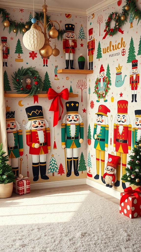 Nutcracker-inspired wallpaper with colorful soldiers and holiday motifs