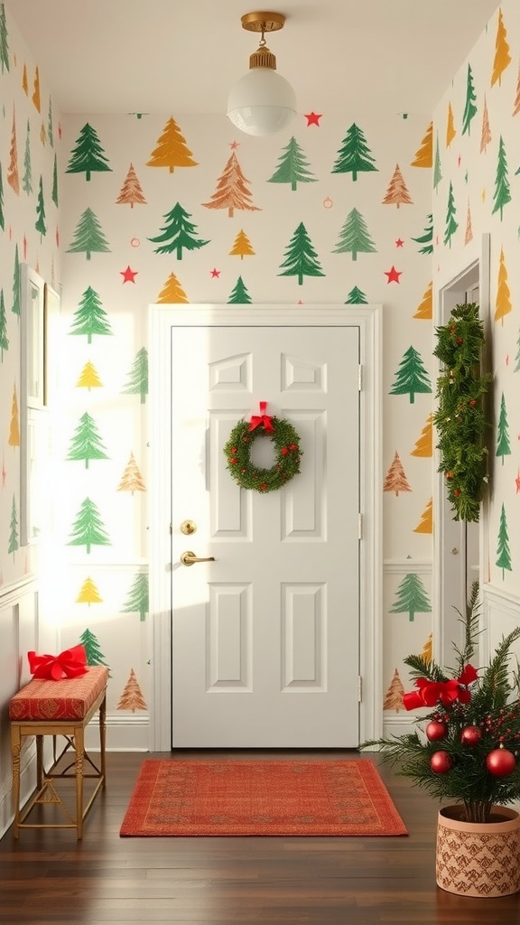 Entryway with whimsical Christmas tree wallpaper