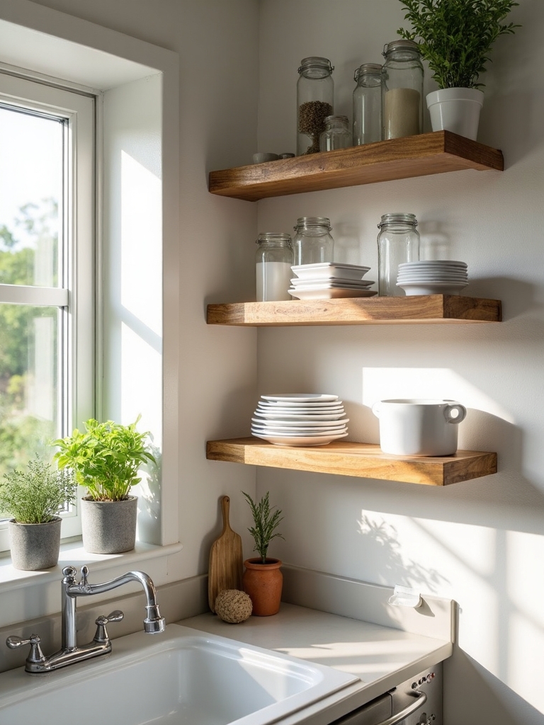 airy visual expansion through open shelving