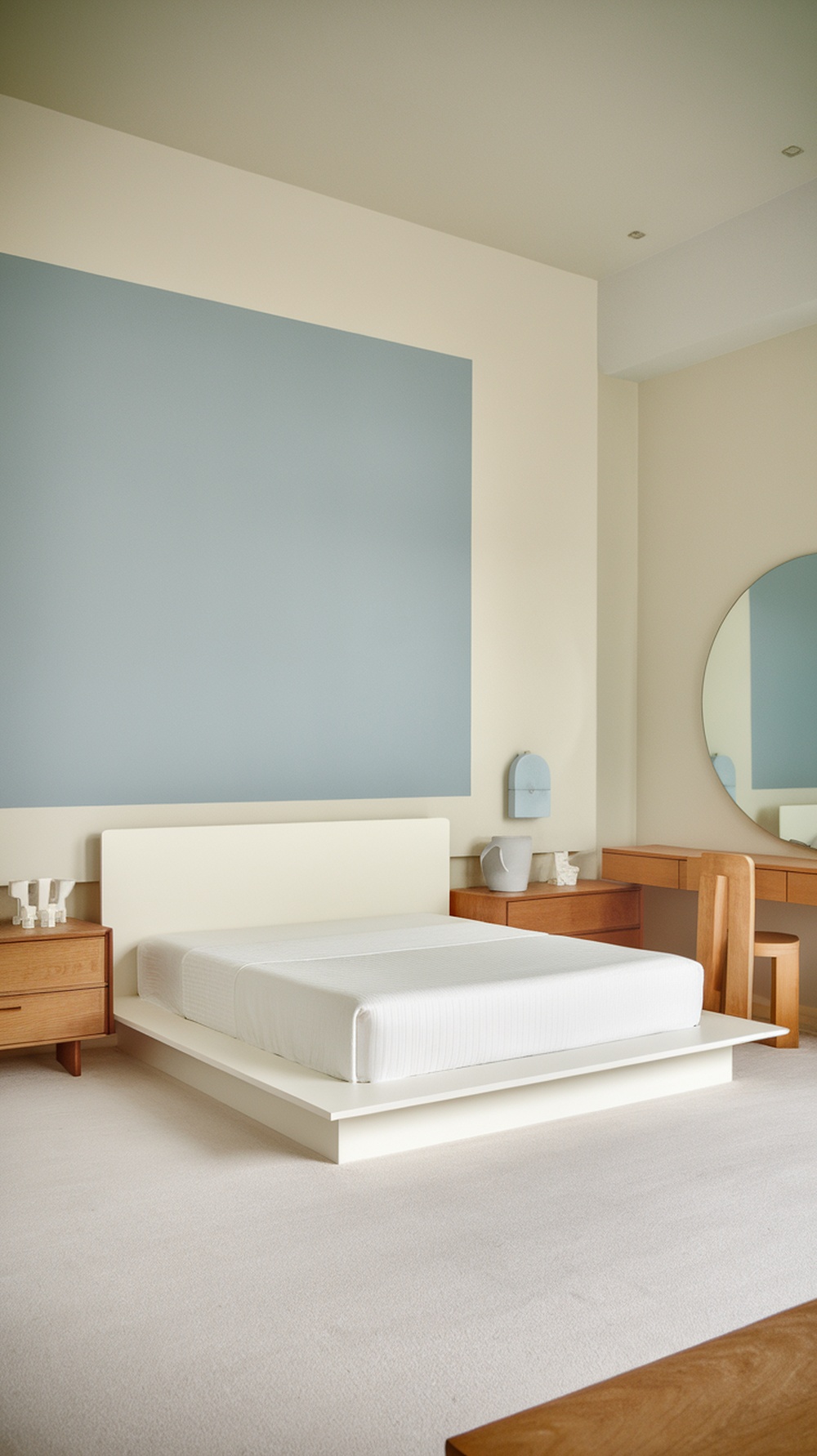 A minimalist Scandinavian bedroom featuring a pastel blue wall, a low-profile bed, and wooden furniture.