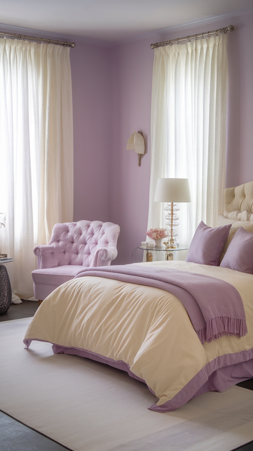 Cozy bedroom featuring lilac and cream decor with a plush bed and armchair.