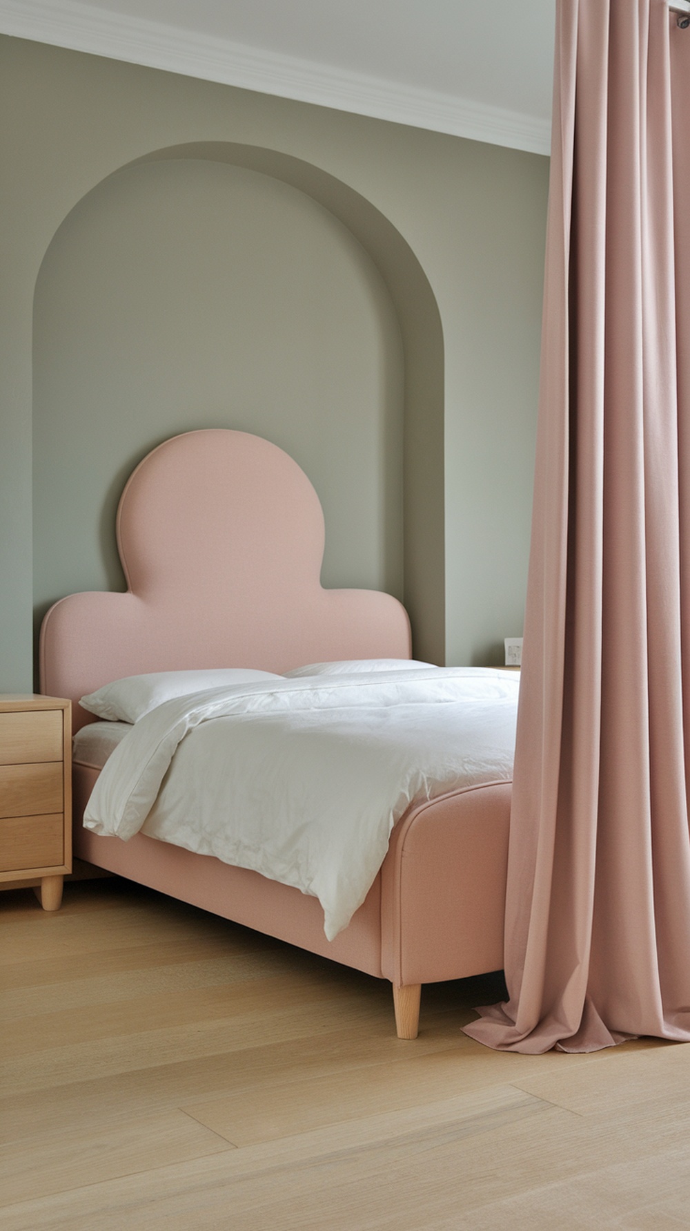 A stylish bedroom with a blush bed and sage green walls.