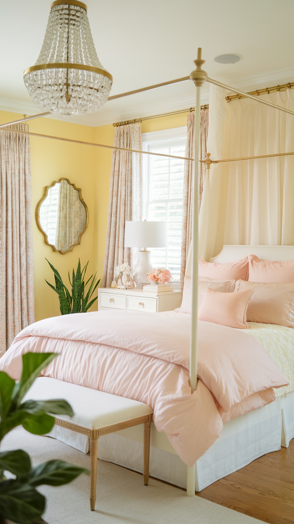 Pastel yellow and pink bedroom with a canopy bed, floral curtains, and a chandelier.